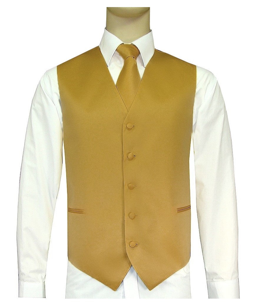 KCT Menswear True Gold Vest and Tie Set, formal vest and tie set, groom and groomsmen vest and tie set, solid color vest and tie set, formal wear vest and tie set, special occasion vest and tie set.