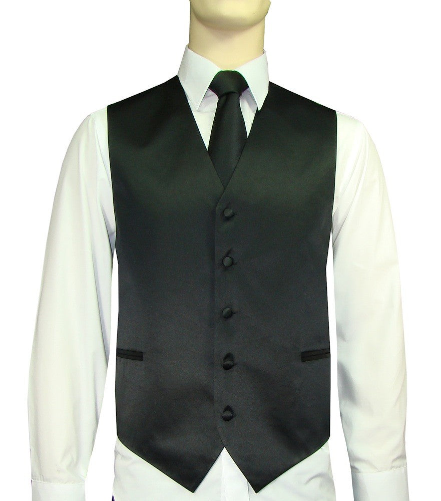 KCT Menswear Black Vest and Tie Set, formal vest and tie set, groom and groomsmen vest and tie set, solid color vest and tie set, formal wear vest and tie set, special occasion vest and tie set.