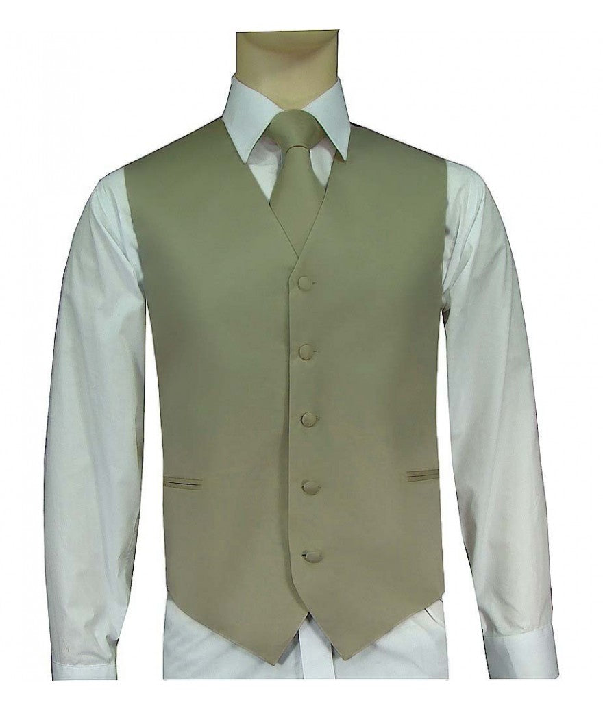KCT Menswear Khaki Vest and Tie Set, formal vest and tie set, groom and groomsmen vest and tie set, solid color vest and tie set, formal wear vest and tie set, special occasion vest and tie set.