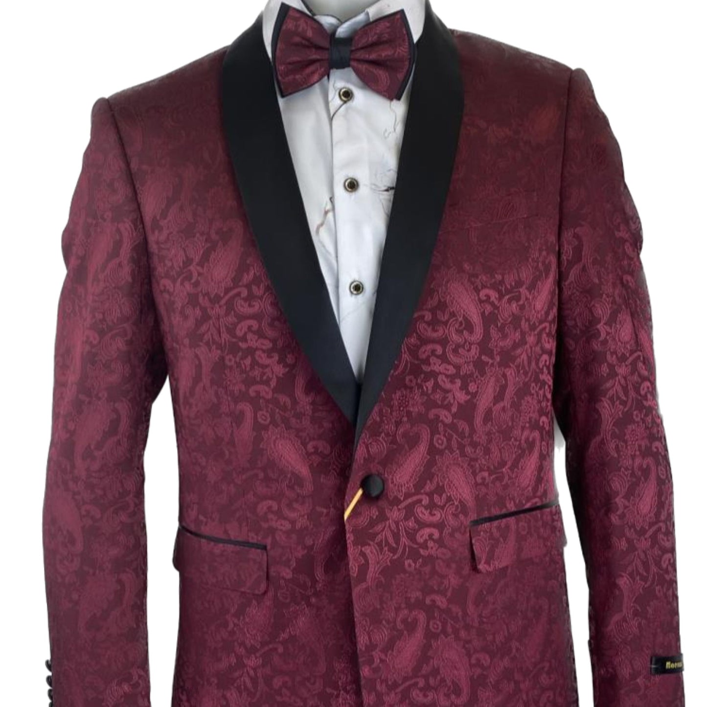 KCT Menswear's Burgundy Paisley with Black Shawl Lapel Prom Blazer and Matching Bowtie, showcasing an elegant and captivating look for any formal occasion.