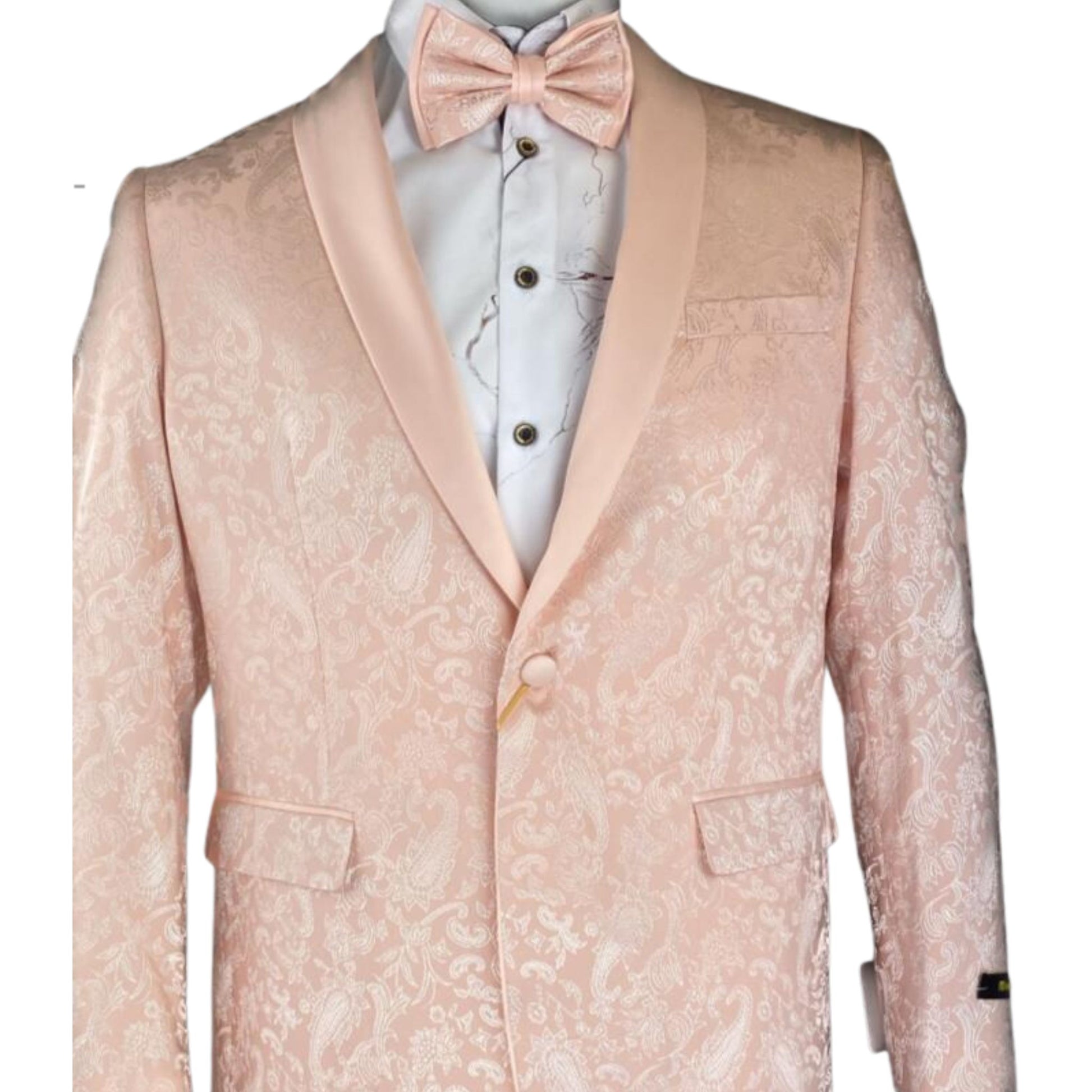 KCT Menswear's Rose Gold Paisley & Matching Bowtie with Black Shawl Lapel Prom Blazer, showcasing a lavish and unforgettable appearance for any formal occasion.