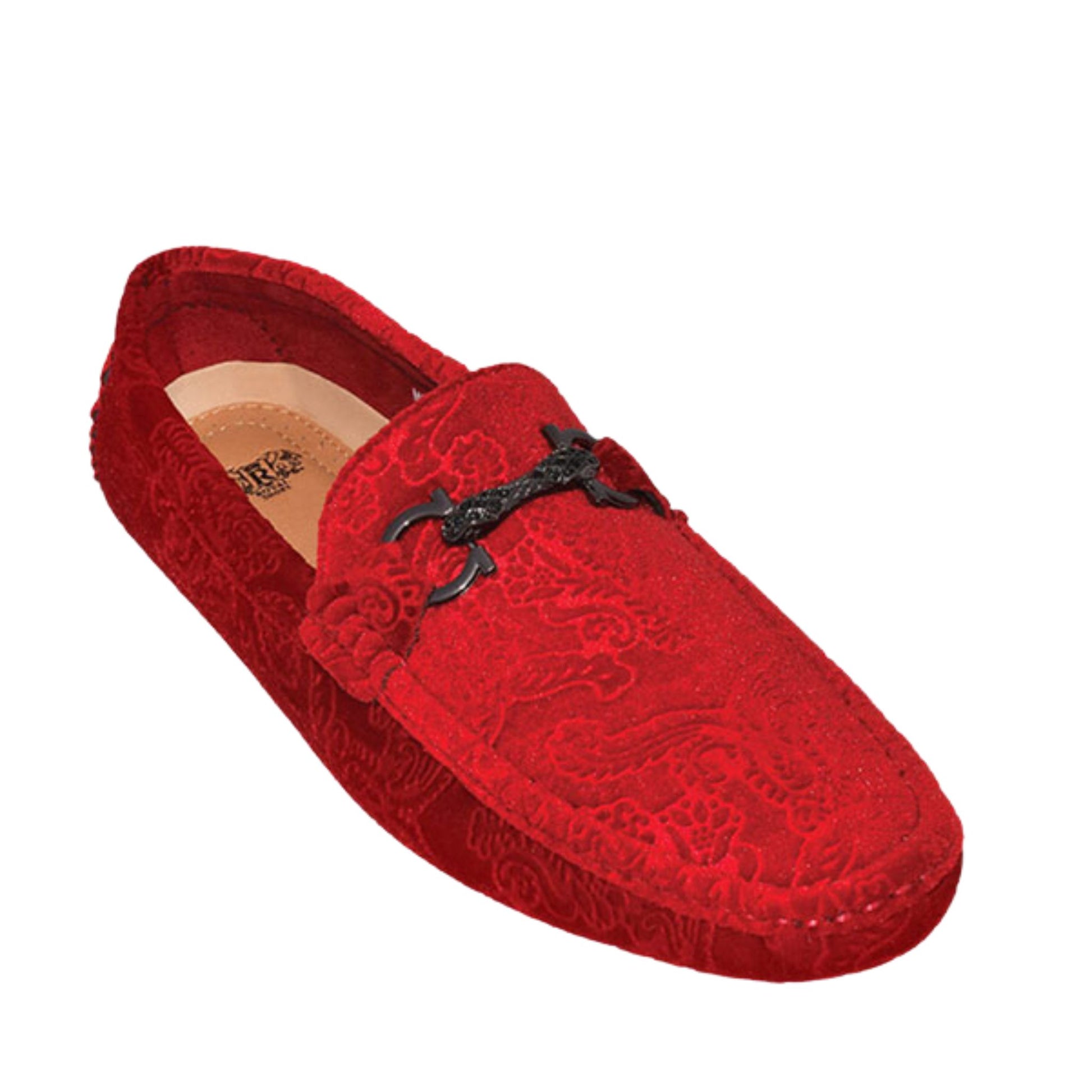 Elegant man wearing KCT Menswear's Red Velvet Paisley With Buckle Loafer, showcasing a fashionable and unique footwear option for any stylish ensemble