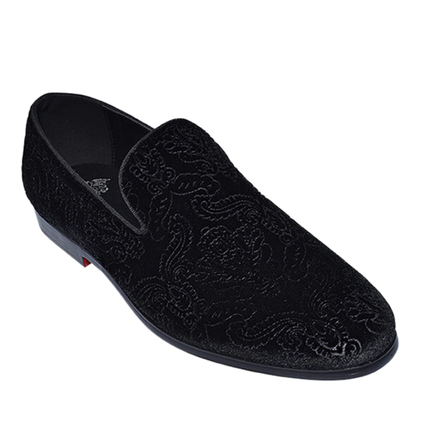 Elegant man wearing KCT Menswear's Black Velvet Paisley Loafer, showcasing a fashionable and unique footwear option for any stylish ensemble