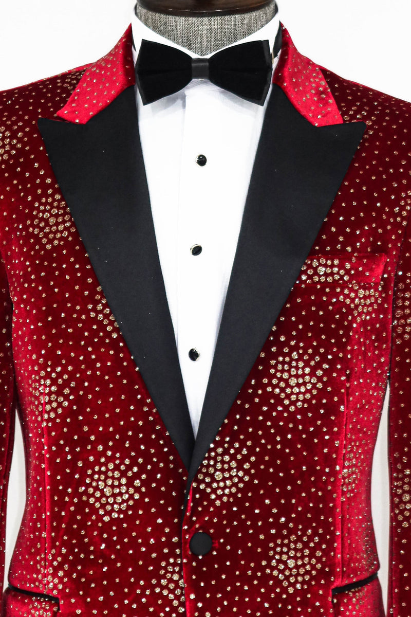 Men's Red Velvet Diamond Blazer with real diamonds and black satin peak lapel, exclusively available at KCT Menswear.