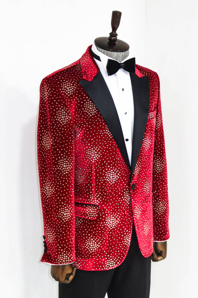 Men's Red Velvet Diamond Blazer with real diamonds and black satin peak lapel, exclusively available at KCT Menswear.