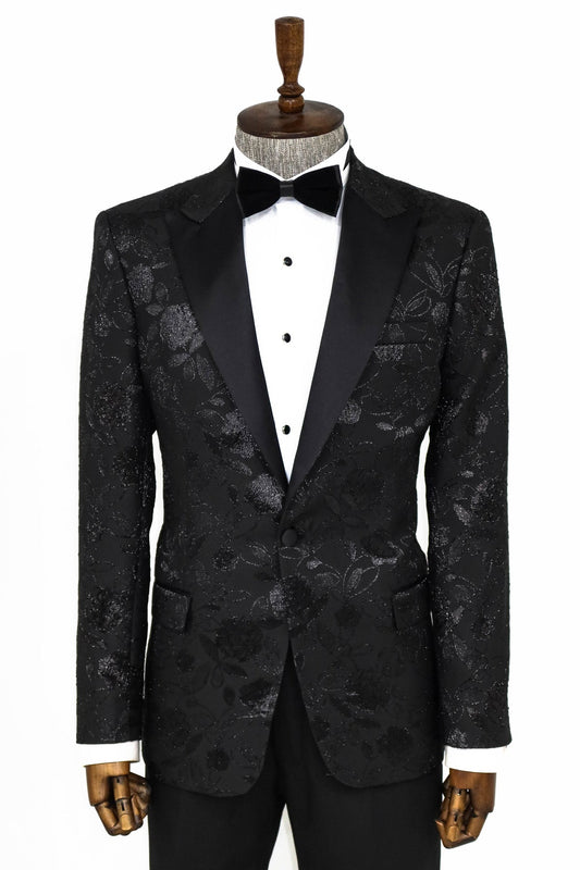 Men's Black on Black Blazer with Floral Design - Front View