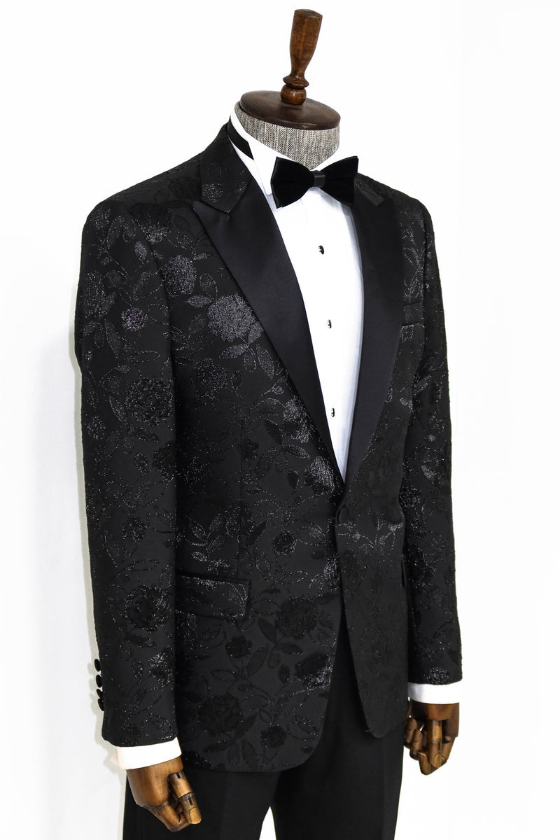 Men's Black on Black Blazer with Floral Design - Side  View