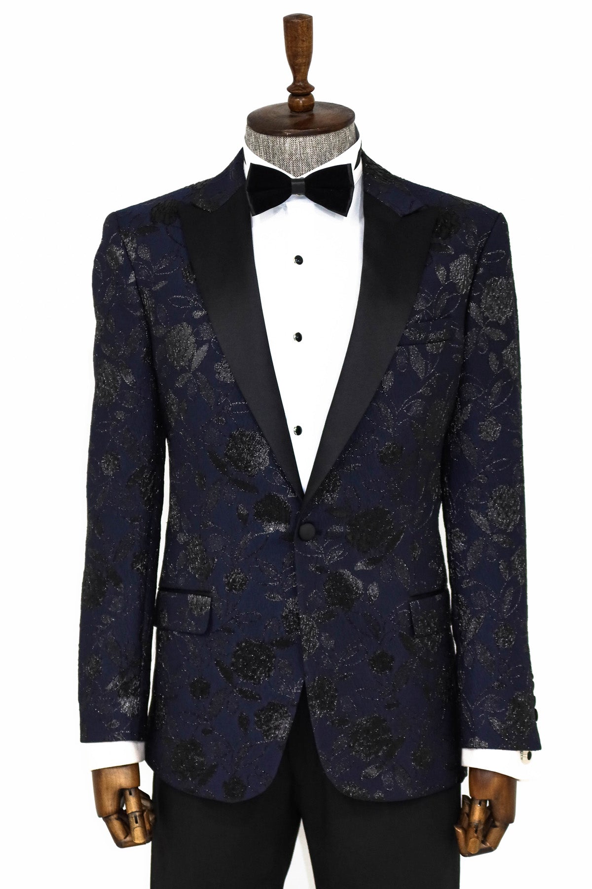 Men's Navy Blazer with Black Floral Design - Front ViewMen's Navy Blazer with Dark Grey Floral Design - Front View
