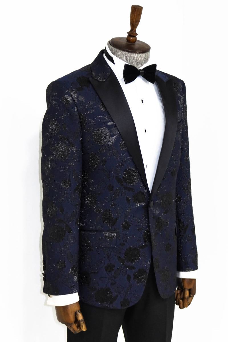 Men's Navy Blazer with Dark Grey Floral Design - Side  View