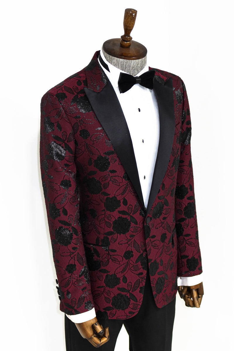 Men's Burgundy Blazer with Black Floral Design - Side View