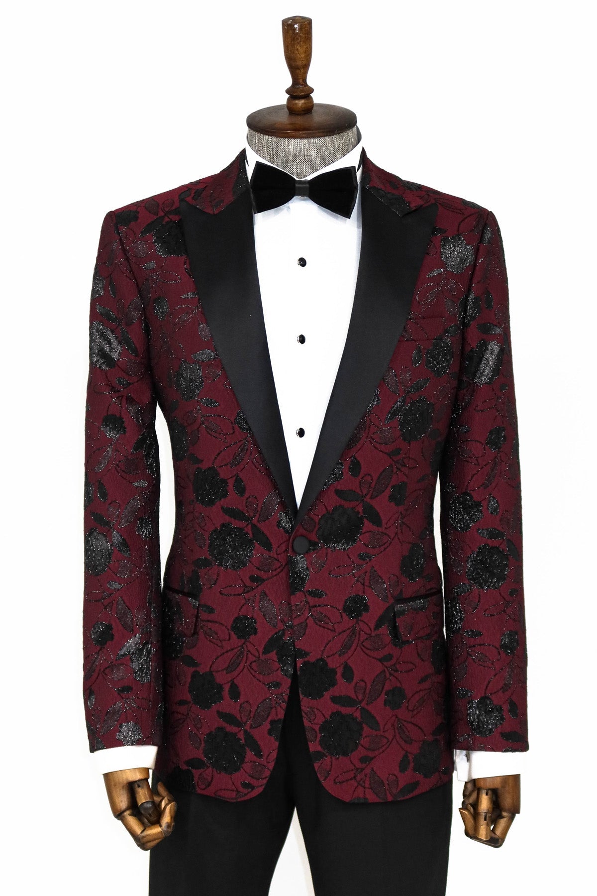Men's Burgundy Blazer with Black Floral Design - Front View