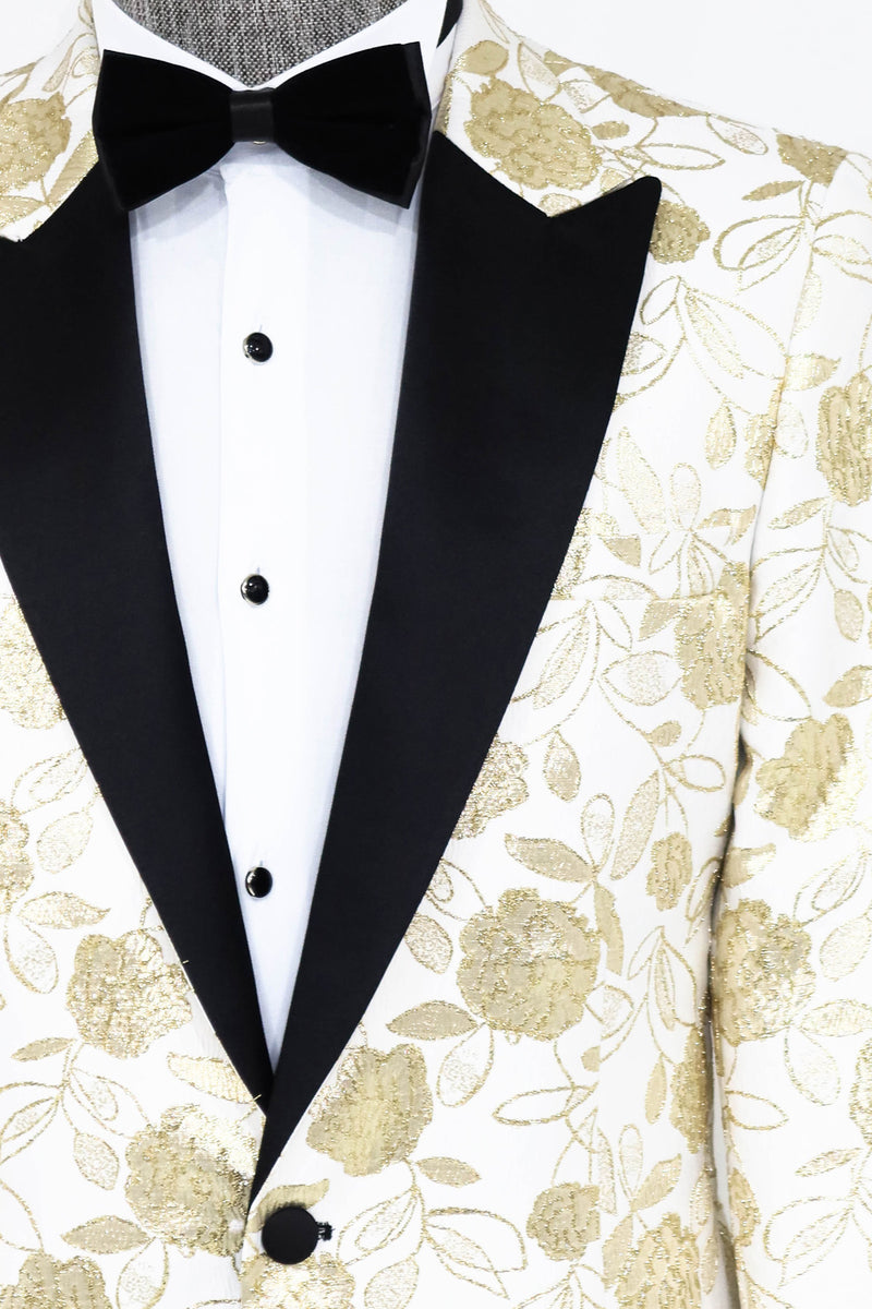Men's White Blazer with Black Lapel and Golden Floral Design - Front View
