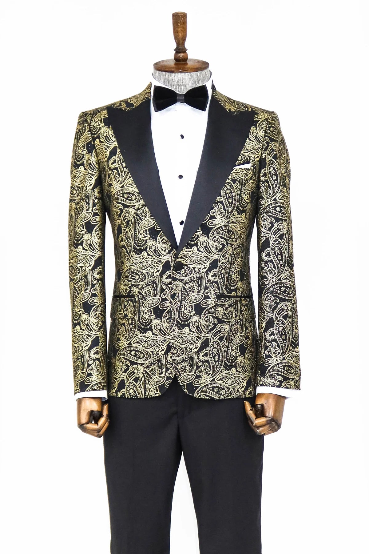 Golden Paisley Black Prom Blazer with Peak Lapel, perfect for proms and other formal events, available exclusively at KCT Menswear.