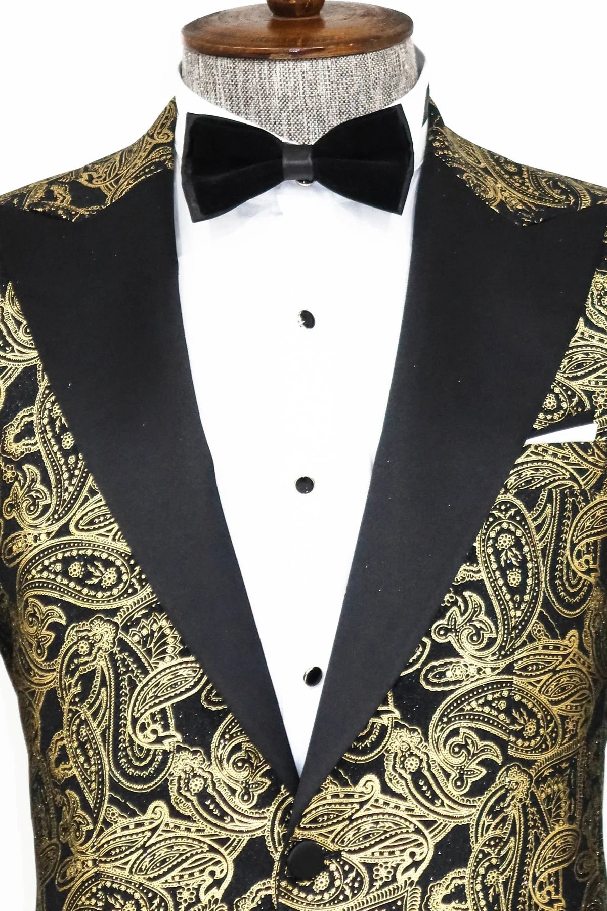 Golden Paisley Black Prom Blazer with Peak Lapel, perfect for proms and other formal events, available exclusively at KCT Menswear.