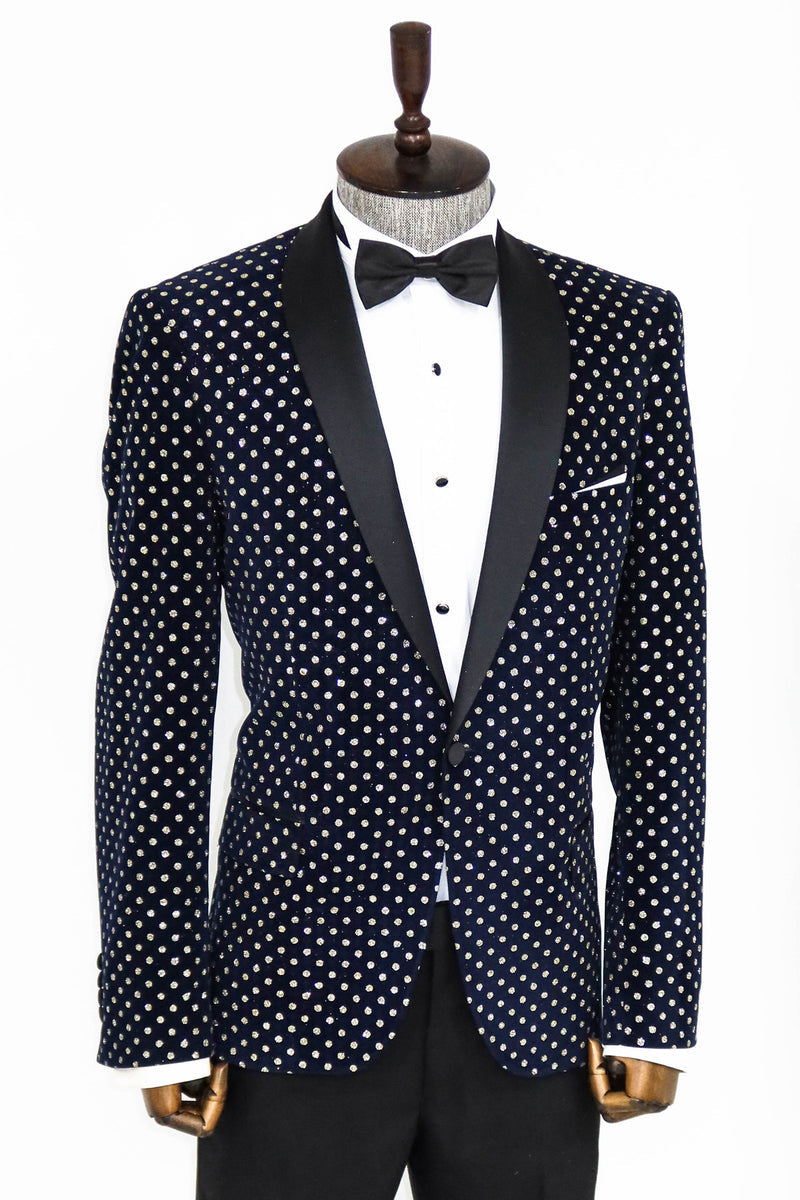 Navy Jacket with Black Satin Shawl Lapel and Diamond Pattern, available exclusively at KCT Menswear.