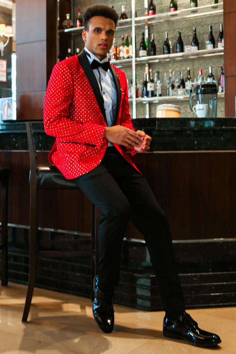 Red Jacket with Black Satin Shawl Lapel and Beautifully Placed Diamond Pattern, exclusively available at KCT Menswear.