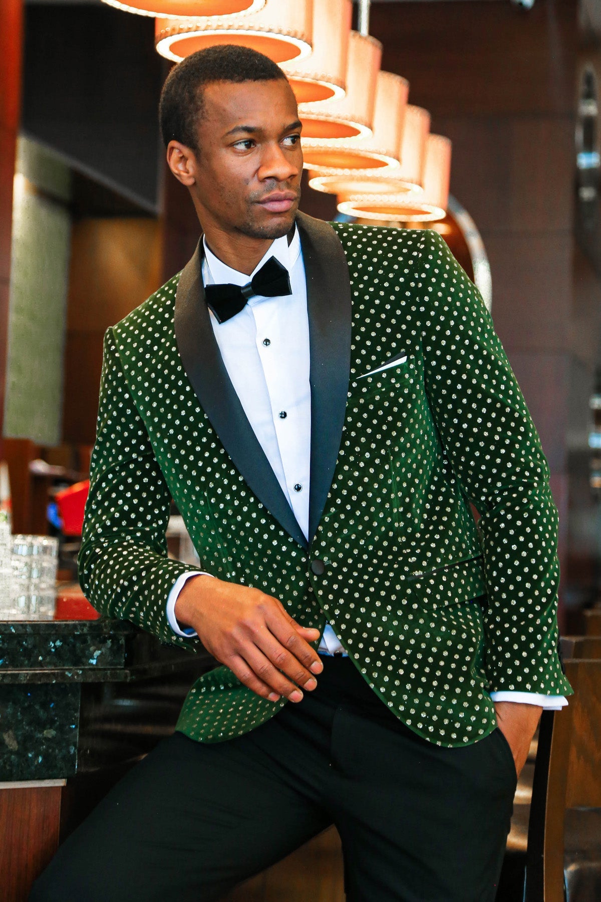 Emerald Green Jacket with Black Satin Shawl Lapel and Diamond Pattern, available exclusively at KCT Menswear.