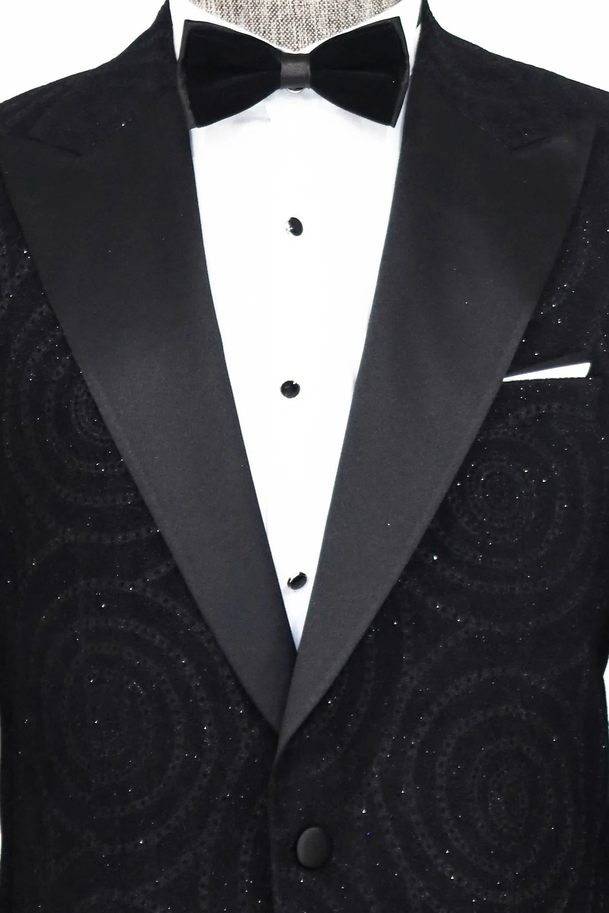 Hypnose Pattern Peak Lapel Slim Fit Black Men Prom Blazer, perfect for proms and other formal events, available exclusively at KCT Menswear.