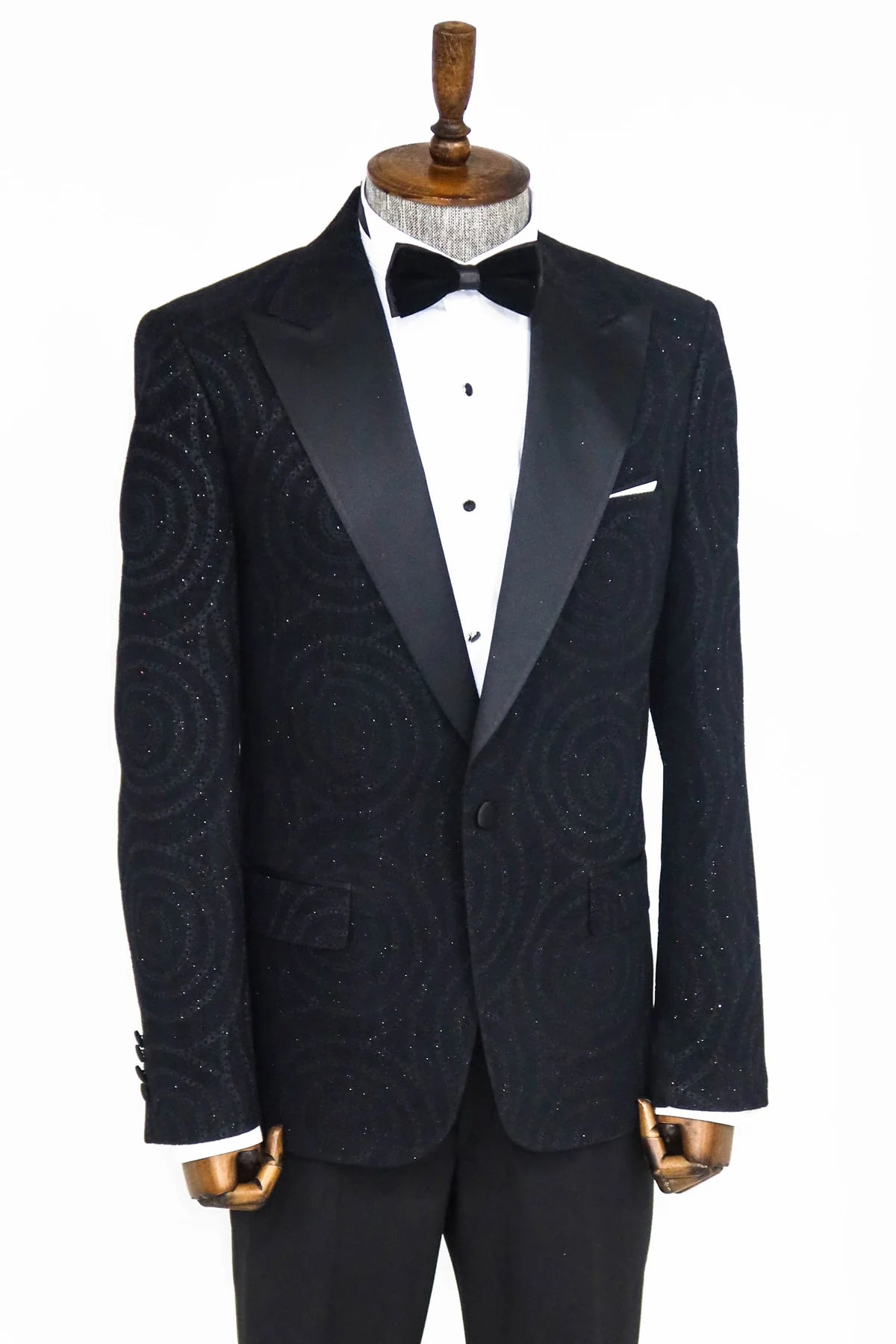 Hypnose Pattern Peak Lapel Slim Fit Black Men Prom Blazer, perfect for proms and other formal events, available exclusively at KCT Menswear.