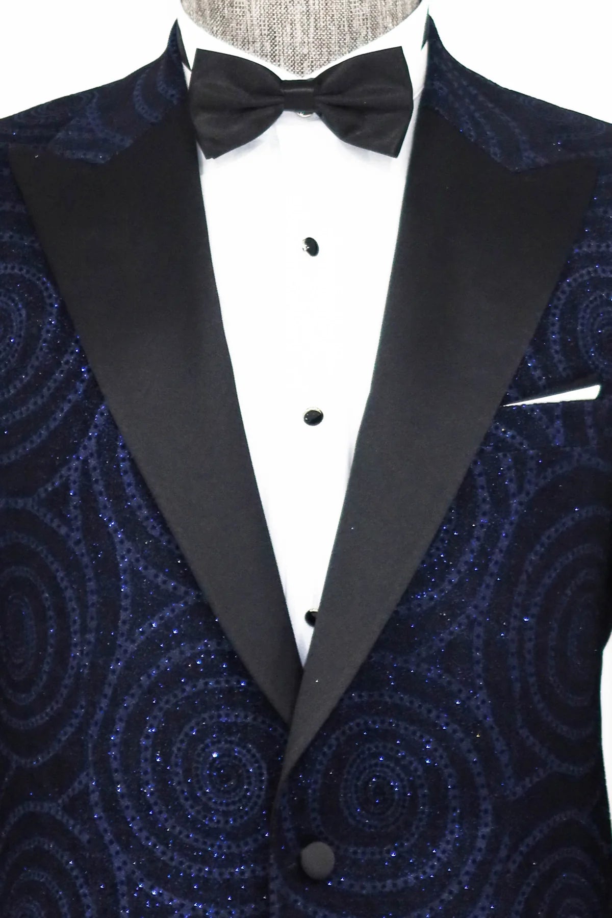 Hypnose Pattern Peak Lapel Slim Fit Navy Men Prom Blazer, perfect for proms and other formal events, available exclusively at KCT Menswear.