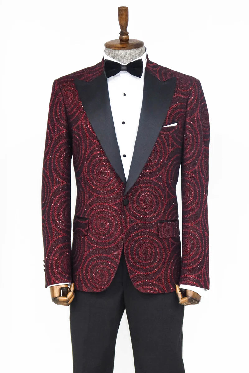 Hypnose Pattern Peak Lapel Slim Fit Burgundy Men Prom Blazer, perfect for proms and other formal events, available exclusively at KCT Menswear.