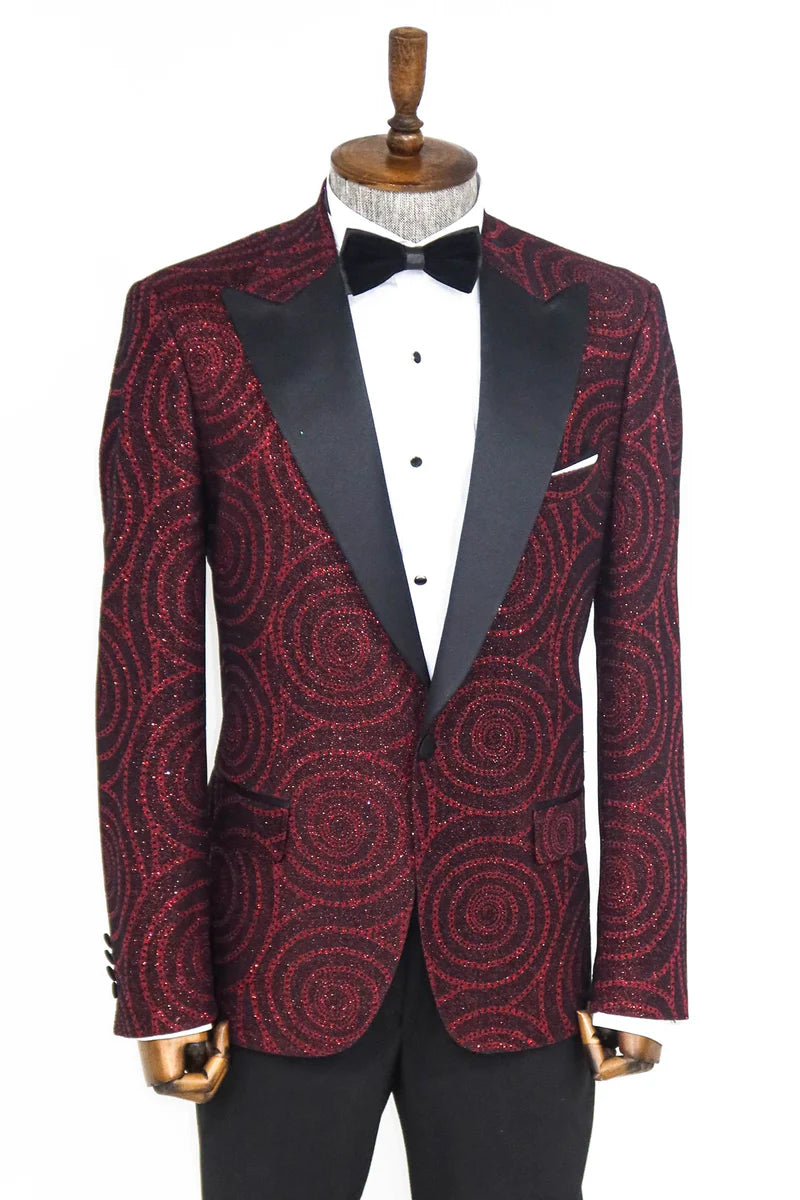 Hypnose Pattern Peak Lapel Slim Fit Burgundy Men Prom Blazer, perfect for proms and other formal events, available exclusively at KCT Menswear.
