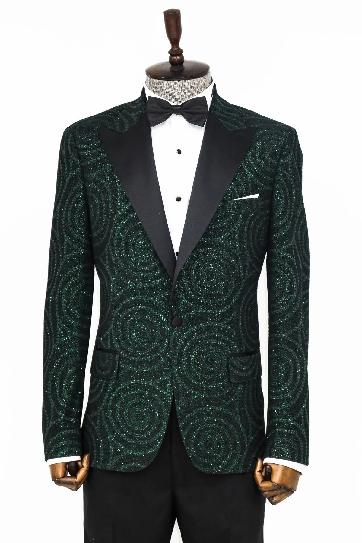 Hypnose Pattern Peak Lapel Slim Fit Green Men Prom Blazer, perfect for proms and other formal events, available exclusively at KCT Menswear.
