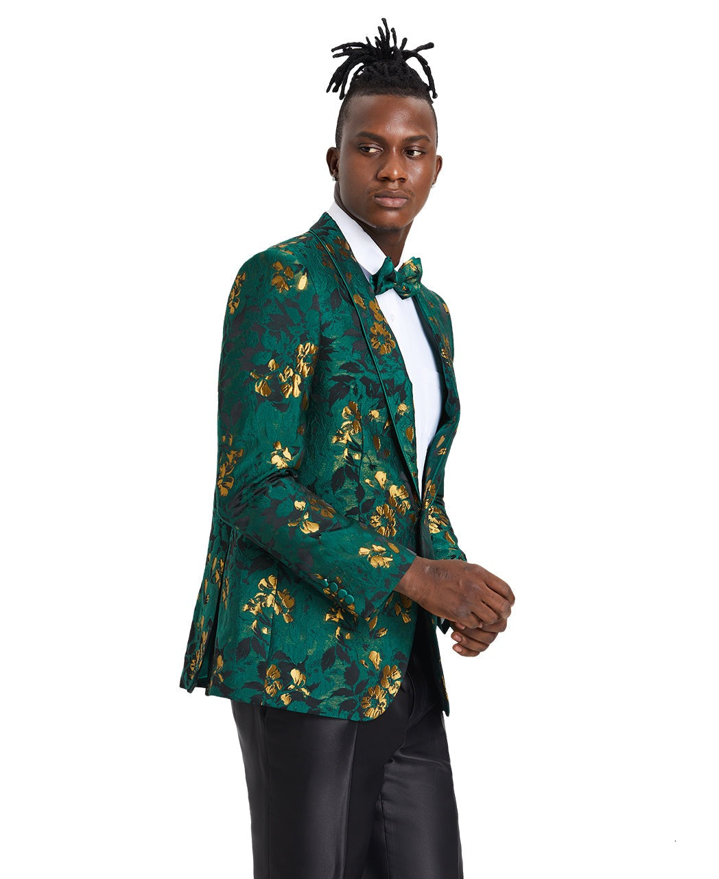 KCT Menswear's Emerald Green & Gold Floral Prom Blazer and Matching Bowtie - Elegant Formalwear for Prom 2023