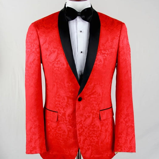 KCT Menswear - Red Paisley Print Tuxedo Jacket with Matching Bow Tie 