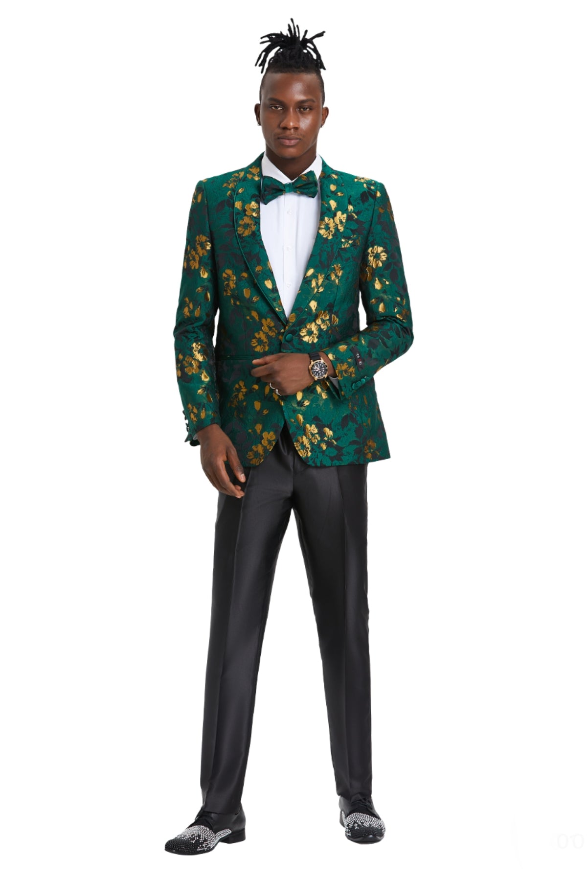 KCT Menswear's Emerald Green & Gold Floral Prom Blazer and Matching Bowtie - Elegant Formalwear for Prom 2023