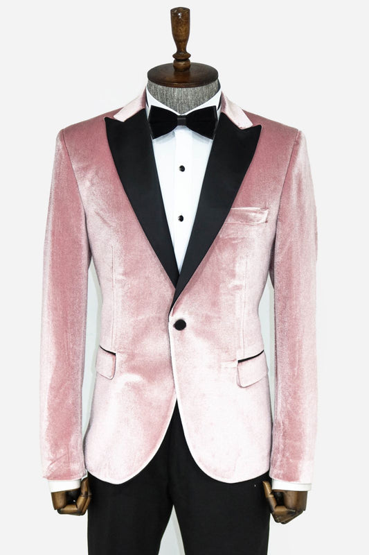 KCT Menswear's Blush Pink Velvet Prom Blazer, showcasing a sophisticated and eye-catching choice for any formal event.