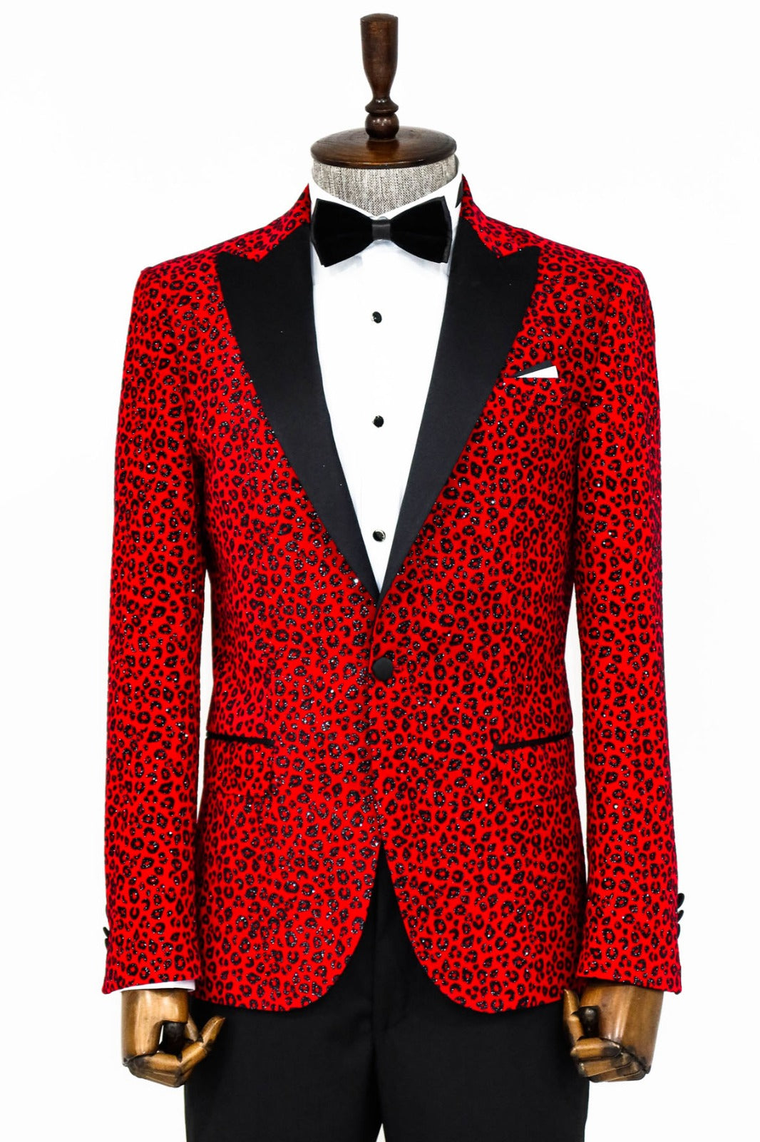 CT Menswear's Red Sparkle with Black Cheetah Design Prom Blazer, showcasing a bold and unforgettable choice for any formal event.