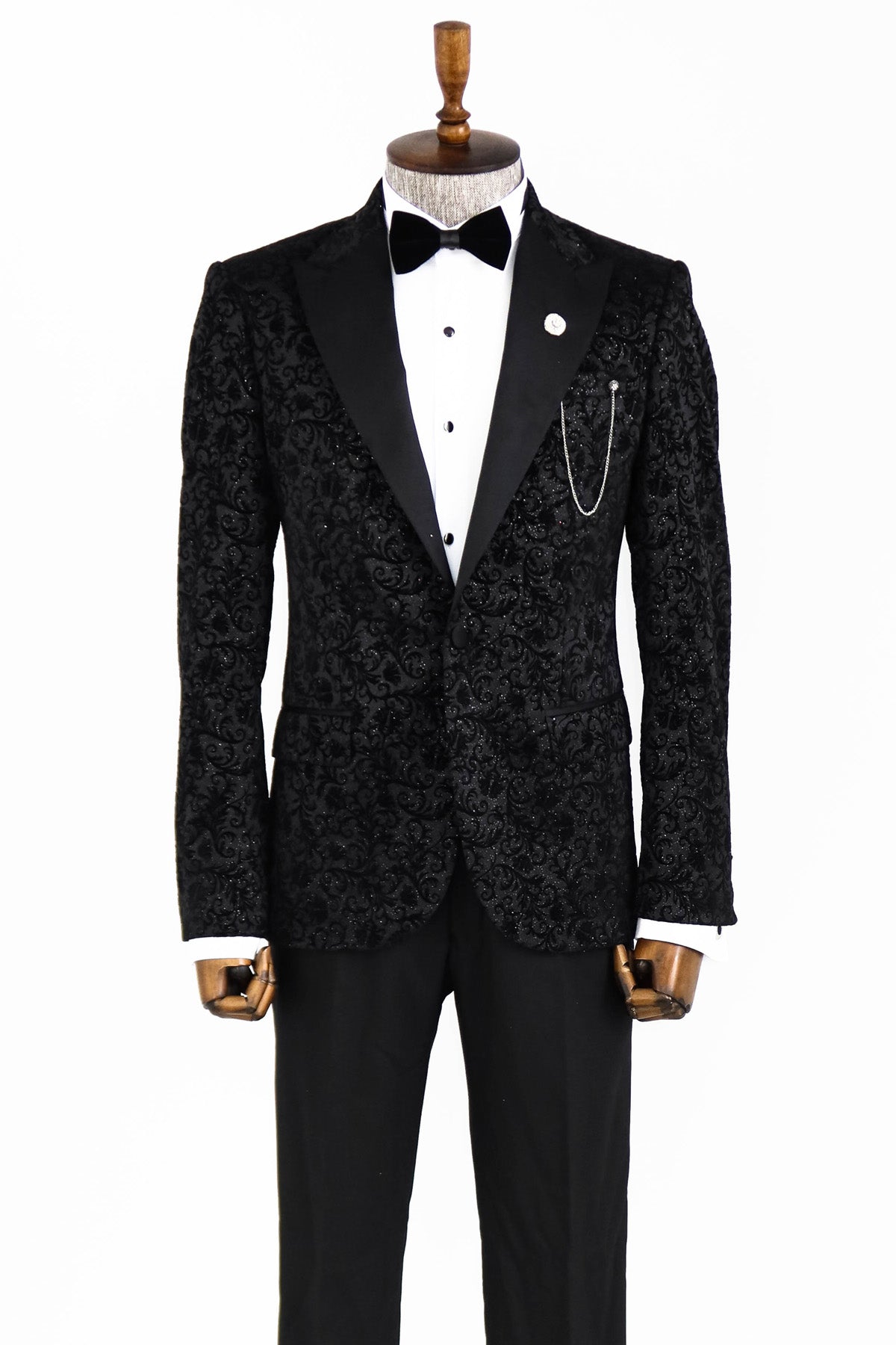 KCT Menswear Floral Sparkle Black Prom Blazer on hanger with floral sparkle black pattern