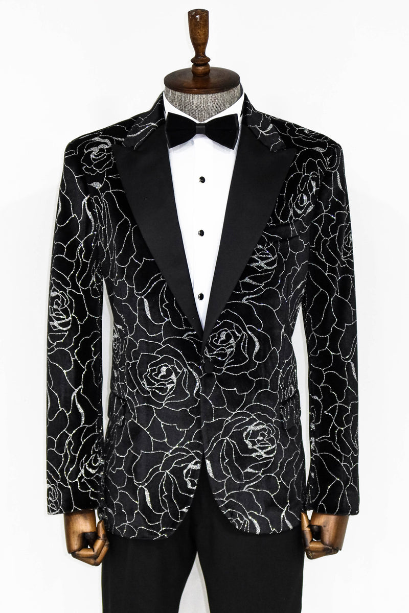 Men's Velvet Black Shiny Silver Floral Prom Blazer with Peak Black Satin Lapel - Front View