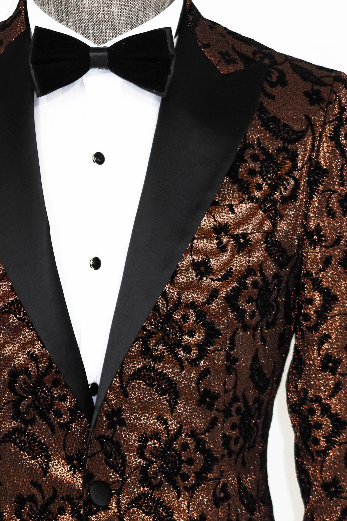 KCT Menswear - Men's Rose Brown Sparkle Prom Blazer with Black Floral Design