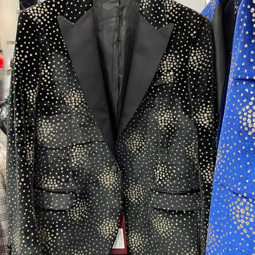 KCT Menswear - Velvet Black Glitter Gold Blazer with Shawl Lapel -  Luxurious and Stylish for Prom and Formal events, Free Shipping