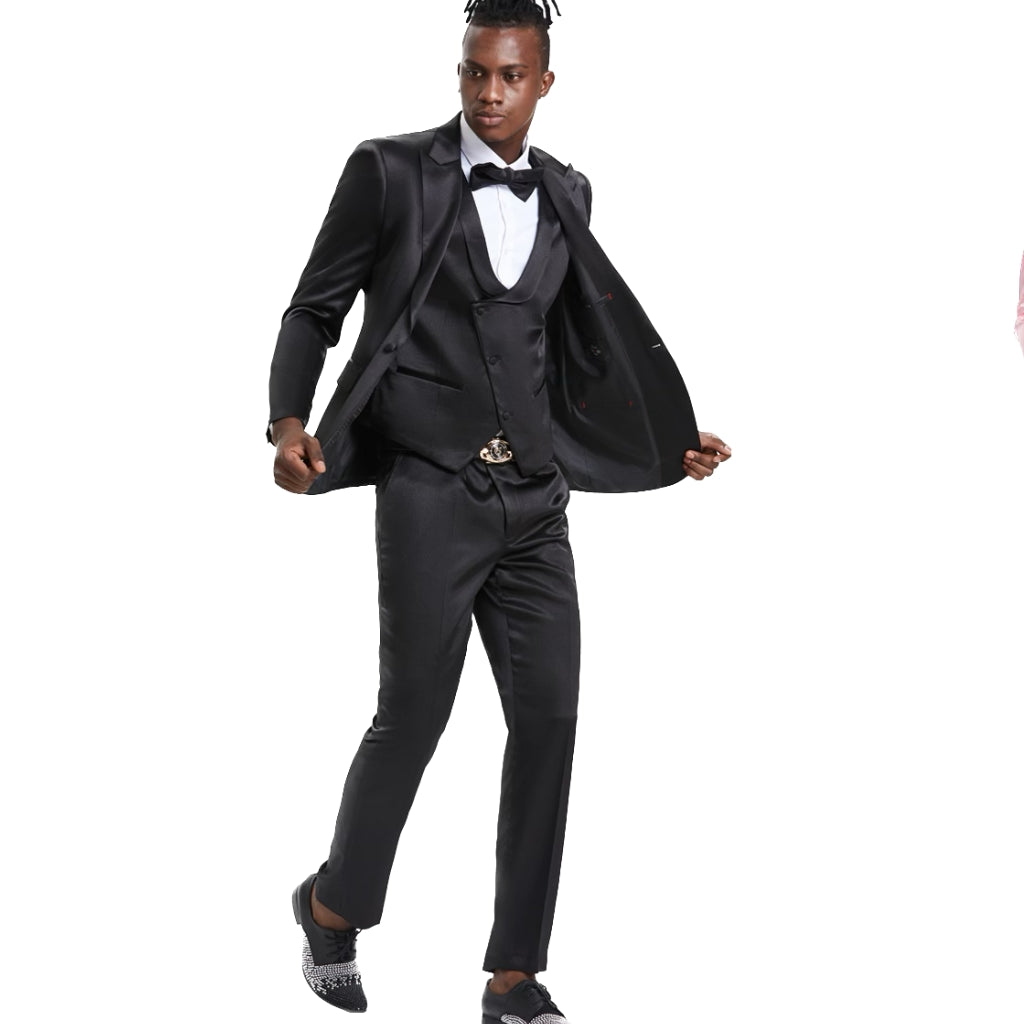 KCT Menswear Satan Black Suit - Jacket, Vest, and Pants. Perfect for Proms and Weddings.