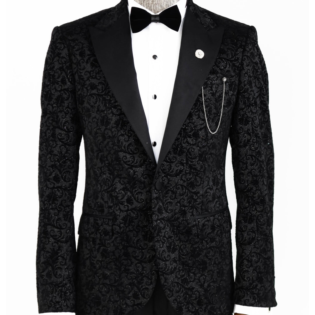 KCT Menswear Floral Sparkle Black Prom Blazer on hanger with floral sparkle black pattern