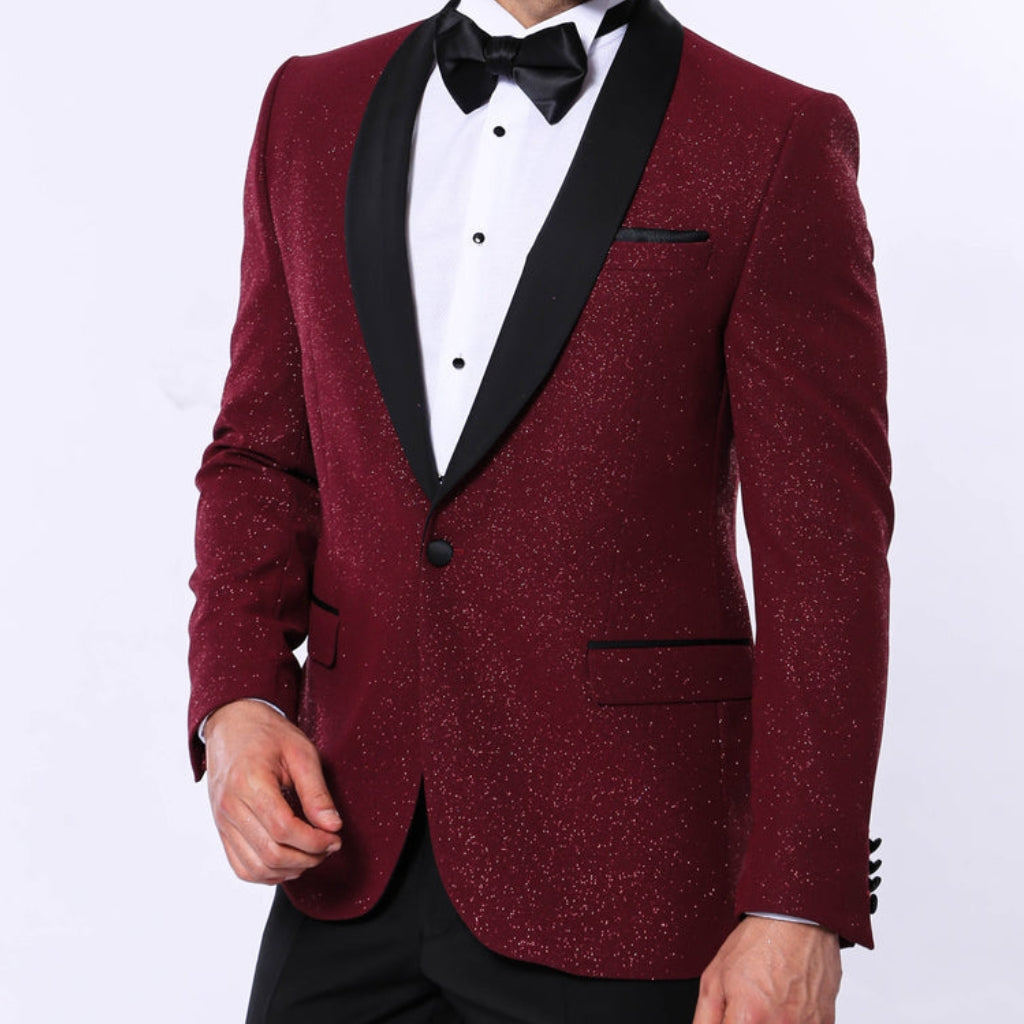 KCT Menswear - Men's Burgundy Sparkle Prom Blazer with Peak Black Satin Lapel
