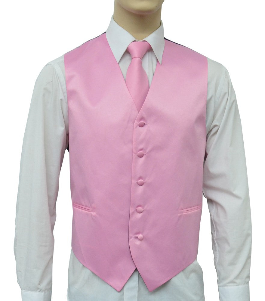 KCT Menswear Pink Vest and Tie Set, formal vest and tie set, groom and groomsmen vest and tie set, solid color vest and tie set, formal wear vest and tie set, special occasion vest and tie set.