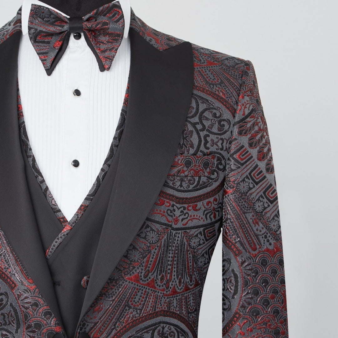 Burgundy & Black Patterned Vested Slim Fit