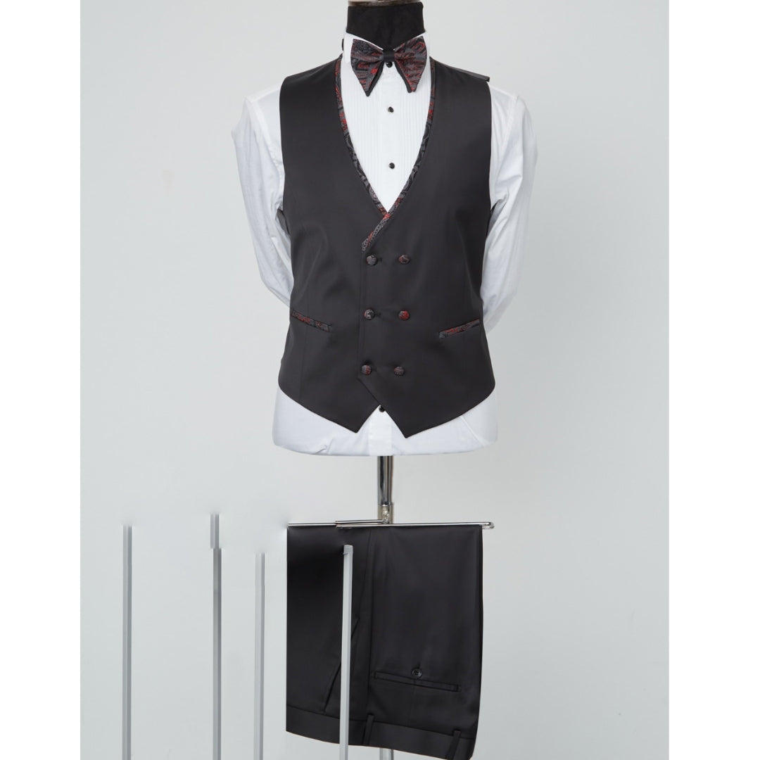 Burgundy & Black Patterned Vested Slim Fit