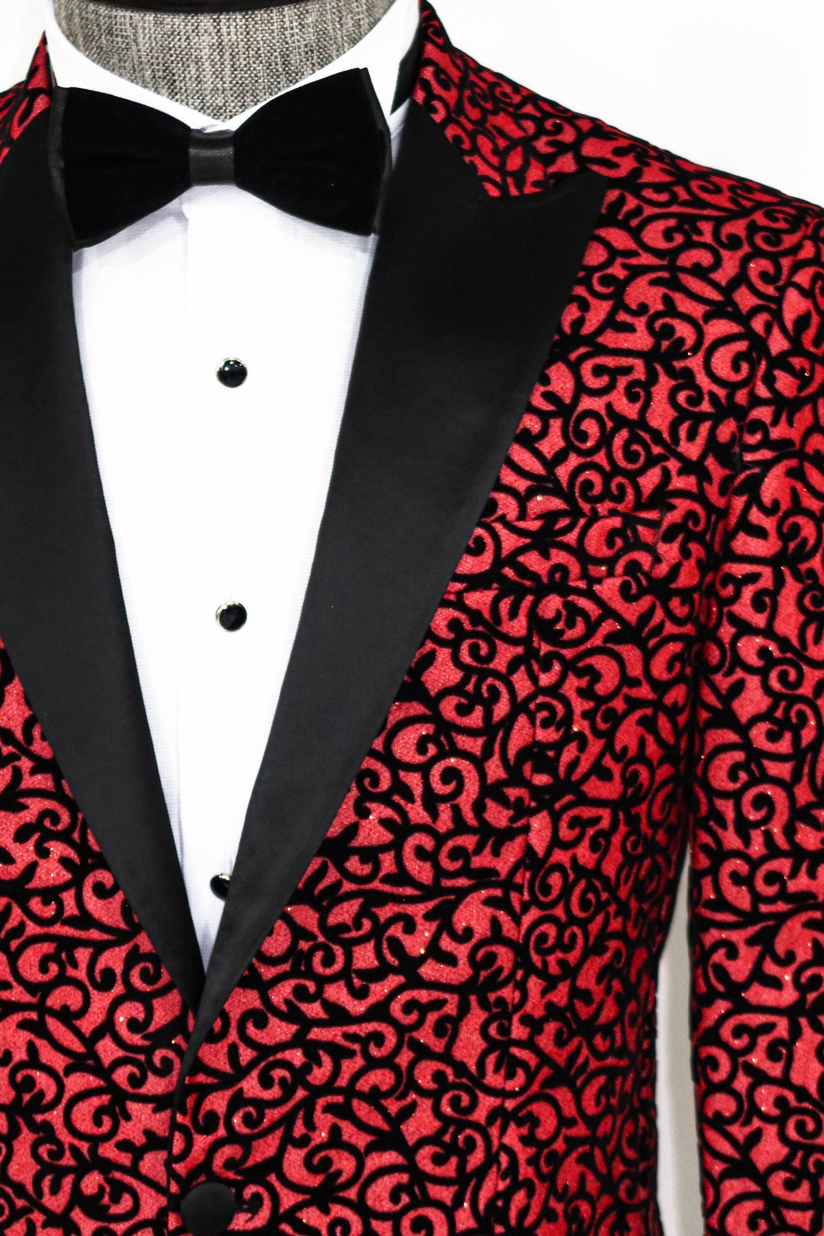 Red Sparkle Black Pattern Prom Blazer, tailored slim fit design, perfect for prom and formal events, available at KCT Menswear with free shipping