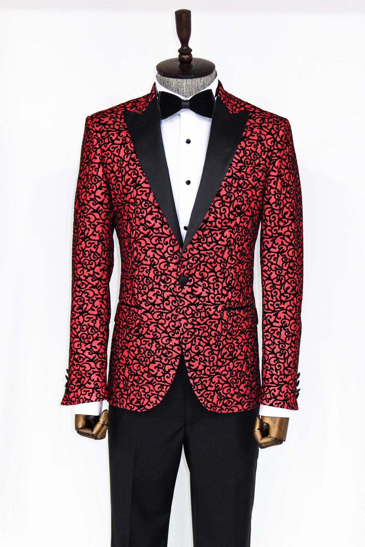 Red Sparkle Black Pattern Prom Blazer, tailored slim fit design, perfect for prom and formal events, available at KCT Menswear with free shipping