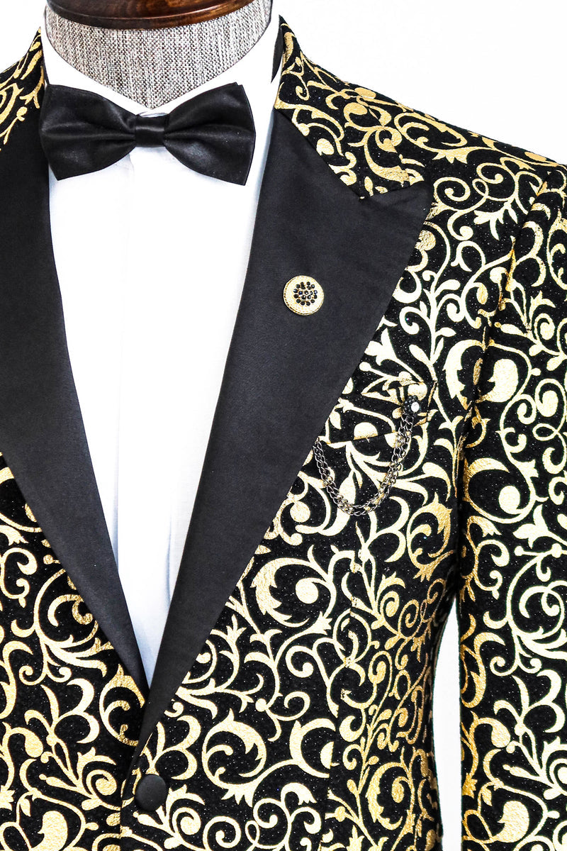 Black Prom Blazer with Black Satin Notch Lapel and Golden Pattern, perfect for proms and other formal events, available exclusively at KCT Menswear.