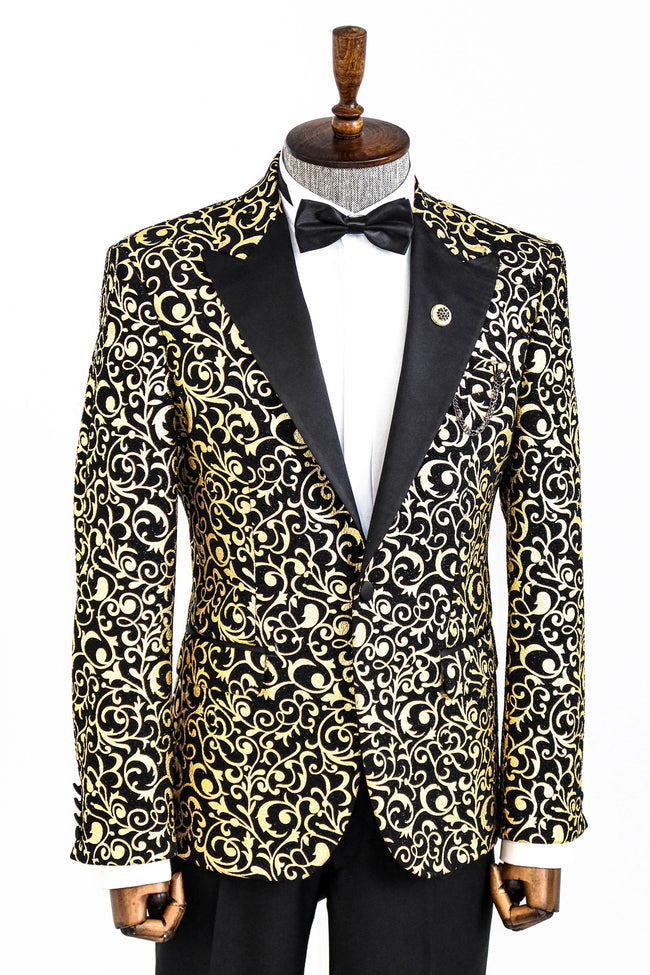 Black Prom Blazer with Black Satin Notch Lapel and Golden Pattern, perfect for proms and other formal events, available exclusively at KCT Menswear.