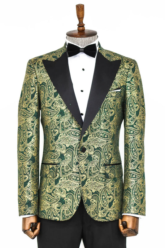 Golden Paisley Green Prom Blazer with Peak Lapel, perfect for proms and other formal events, available exclusively at KCT Menswear.