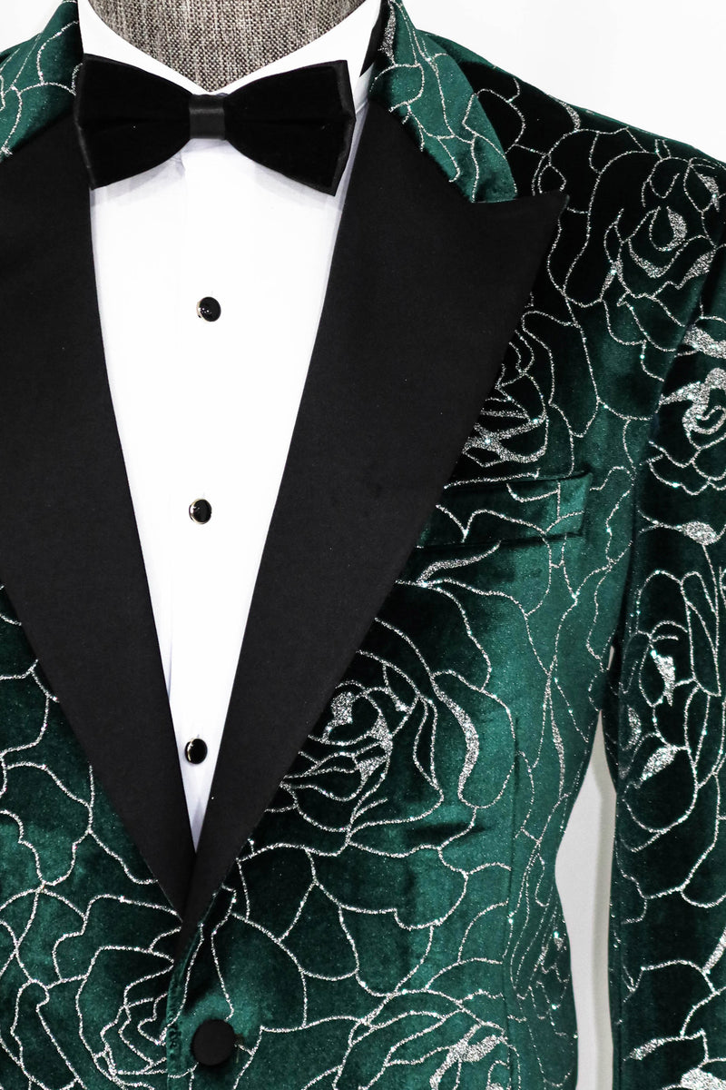 Men's Velvet Emerald Green Shiny Silver Floral Prom Blazer with Peak Black Satin Lapel - Front View