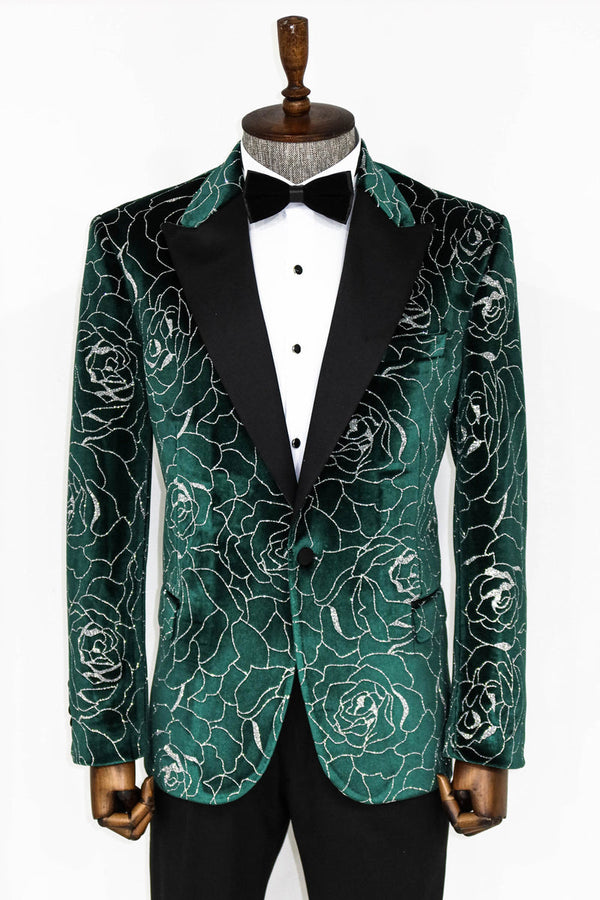 Shop Mens Emerald Green Shiny Silver Floral Prom Blazer 