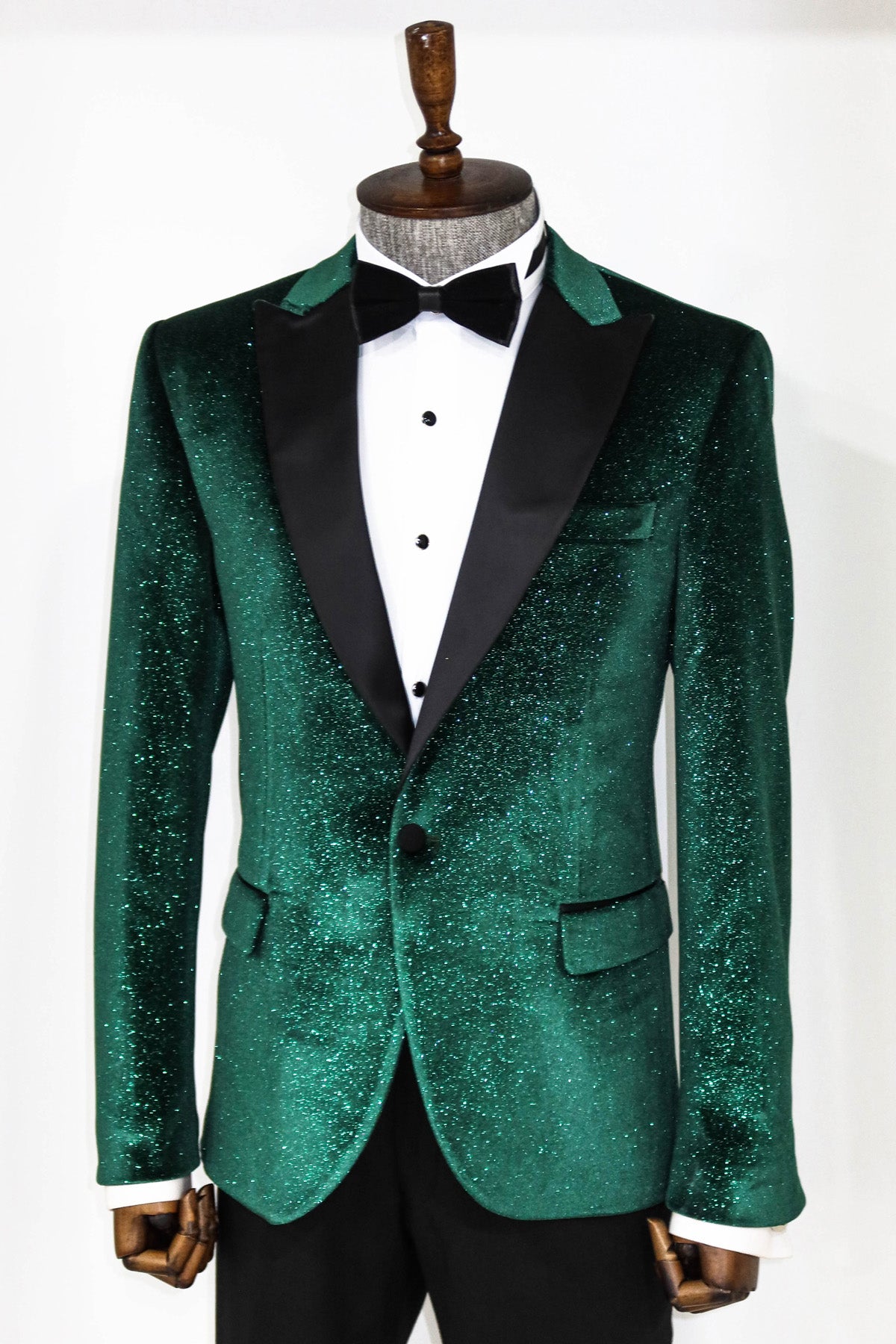 KCT Menswear - Men's Velvet Emerald Green Shiny Silver Sparkle Prom Blazer with Peak Black Satin Lapel - Luxurious and Stylish for Prom and Formal events